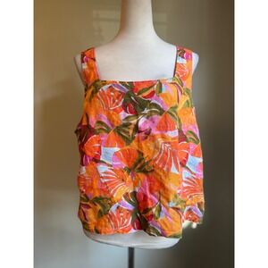 C&C California Tropical Leaf Print Tank Top Orange Pink Linen XL boho resort y2k